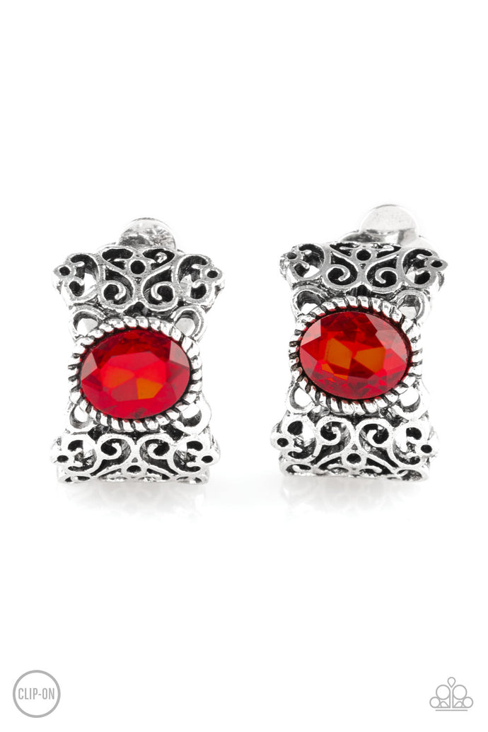 Glamorously Grand Duchess - Red Clip-On Earrings - Paparazzi Accessories - Natalie's Trendy Treasures